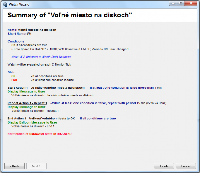 Summary of settings