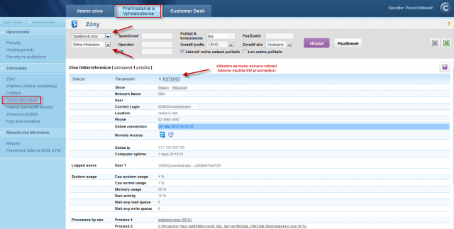 Online information from the server