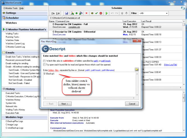 Enter path to the directory, whose size changes you want to observe.