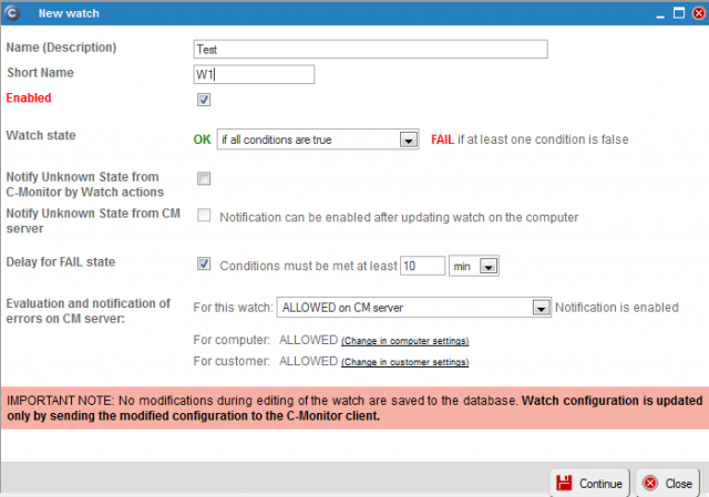 Image: Example of setup of a watch on CM portal