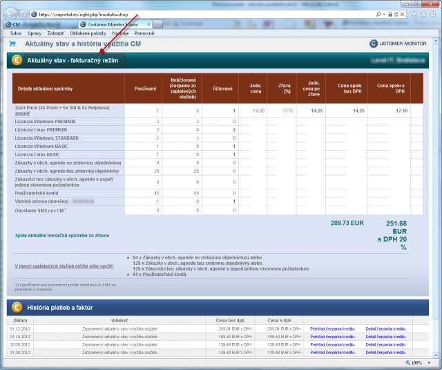 Activated invoicing mode and overview of drawn services