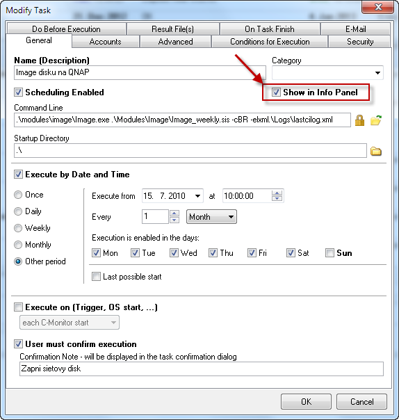 Setup of display of a Scheduled task in the information panel