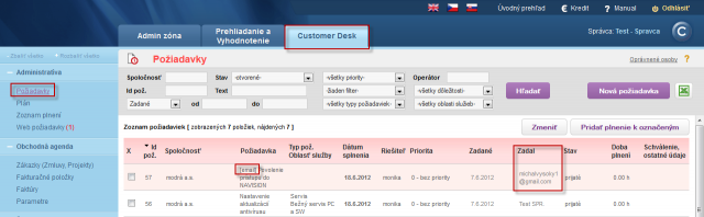 Požiadavka zadaná cez email a jej odlíšenie v Zozname požiadaviek