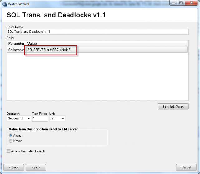 Field to enter name of the SQL server or instance in the wizard  (to reopen this dialog, double click on the first condition in CHAT)