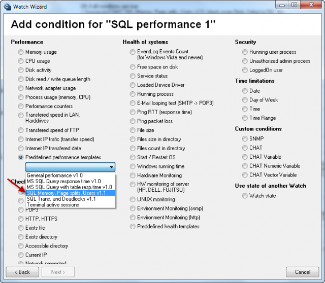 Selection of template for monitoring of RAM, number of Page split operations /sec, number of active SQL connections.