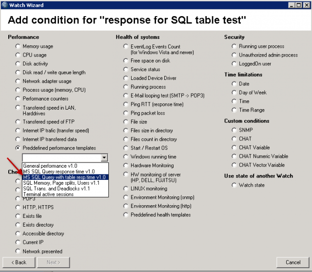 Selection of template in the Watches wizard in C-MonitorConsole for measuring of response with the table test