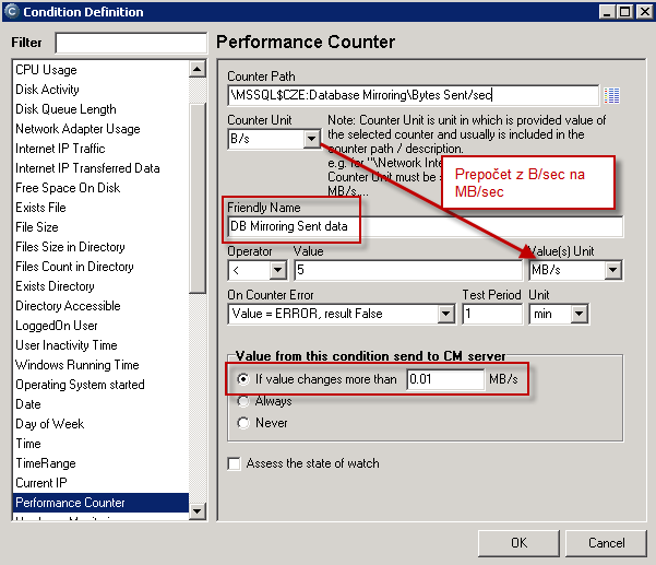 Example : Configured counter, whose unit is B/s, but the view on CM Portal will be in MB/sec under a more comprehensible Friendly name. The value will only be sent to the CM Server if it's changed for at least 10kB/sec, so that small changes don't unnecessarily fill the database on CM Server