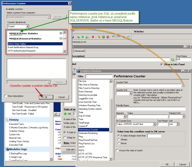 Selection of the performance counter in system dialog
