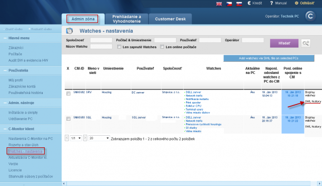 Obtaining of the last SWL file with Watches configuration through the link SWL History 