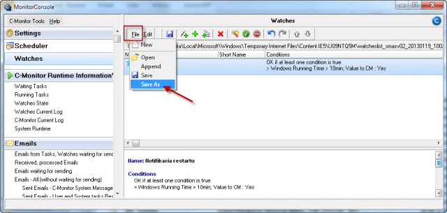 Saving the cleaned Watches configuration under any name with .swl extension