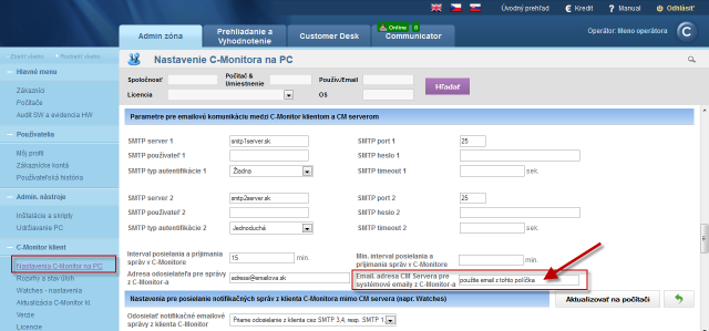 Defining the email address for sending of messages to CM server 