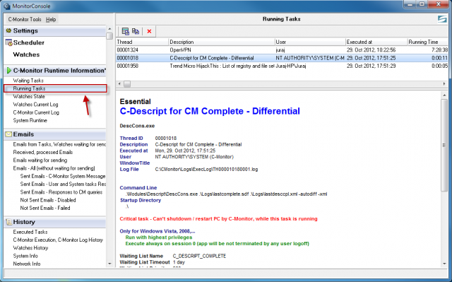 View of running tasks through C-Monitor client