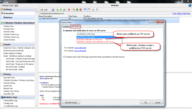 Option to block Watches notification from CM Server already at the Watch's setup in C-MonitorConsole
