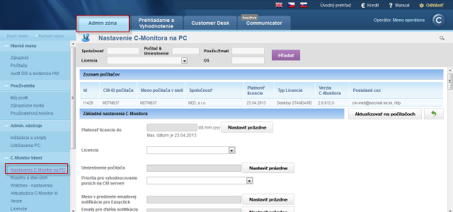 Change of C-Monitor client settings in the section Admin zone  -> C-Monitor client ->C-Monitor settings on PC
