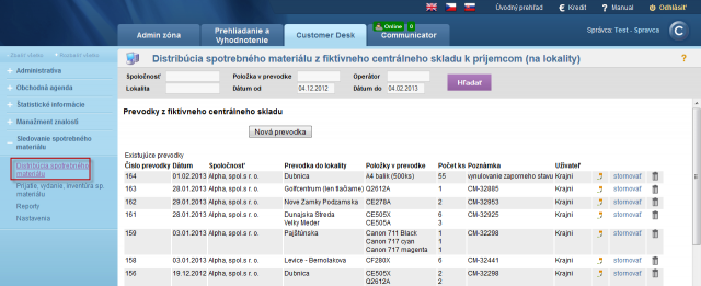List of stock transfers for distribution of supplies