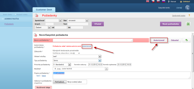 Autorizácia zadávania Easyclick požiadaviek
