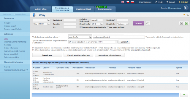 View of history of sent SMART test requests