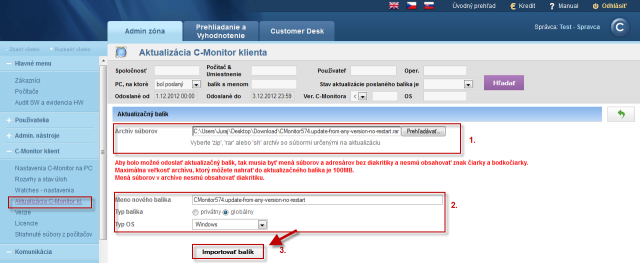 Import of the update package to CM portal