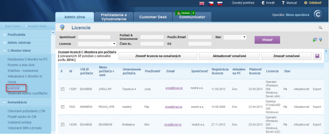 View of type and stauts of license for computers registered on the CM server