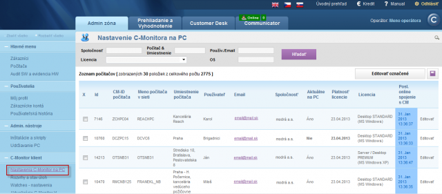 Setting C-Monitor client on a PC - view of the list of PC with installed C-Monitor client