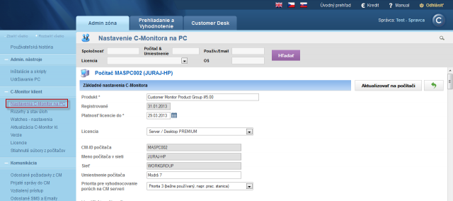 Detail of C-Monitor client settings of a concrete PC