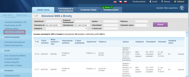 View of list of SMS and emails sent from CM portal
