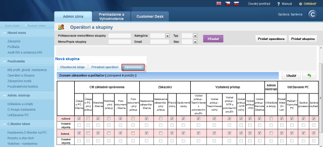 Settings of permissions at creation of a new group