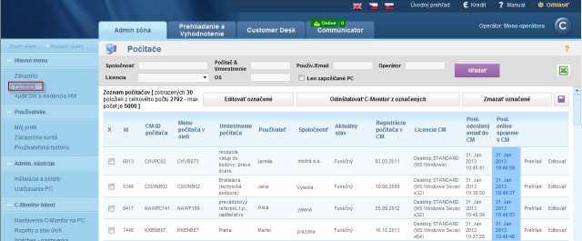 View of list of computers registered on the CM portal