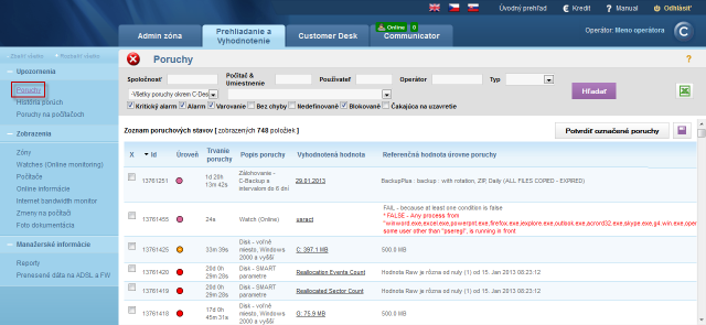View of the list of errors on devices registered on CM portal