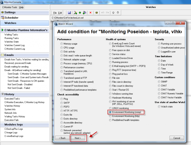 Condition of watch Enviroment Monitoring (snmp).