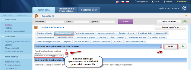 Povolenie zadávania požiadaviek cez email v nastaveniach