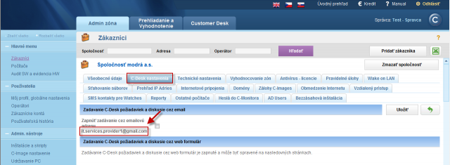 Zadávanie požiadaviek cez email od operátora v mene zákazníka sa realizuje fw na emailovú adresu, ktorá sa zobrazí v Admin zóna -> Hlavné menu -> Zákazníci -> konkrétny zákazník -> C-Desk nastavenia -> zapnúť zadávanie cez emailovú adresu