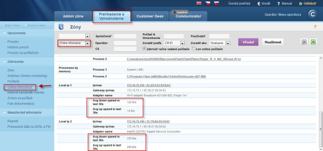 Transfer speeds of network adapters in the section Online Information