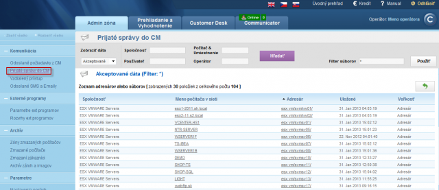 View of list of a concrete company's computers with an option to display the directory with messages received to CM