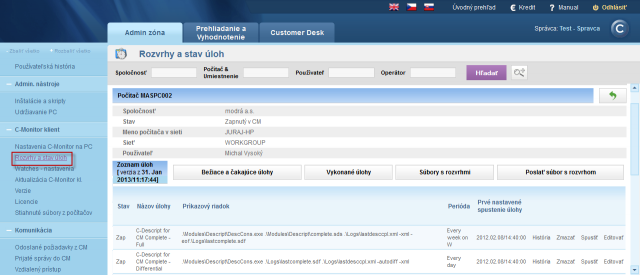 View of timetable of scheduled tasks with an option to display running and pending tasks and performed tasks