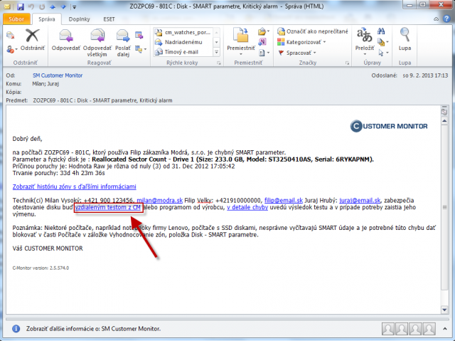 Launch of the remote test of hard drive from e-mail
