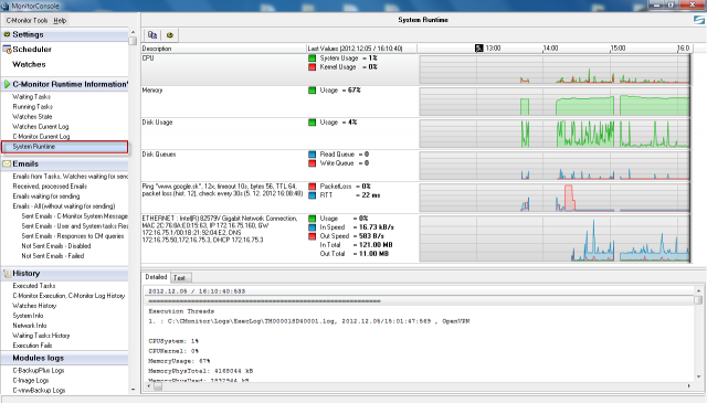 Clicking on one of the graphs will open System Runtime information in C-MonitorConsole, where the data history is in a graphic, and a detailed table form min. 48hrs ago.