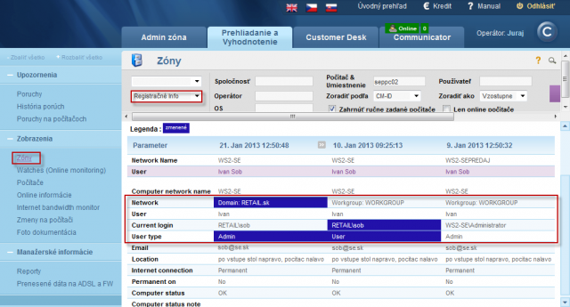 View of history of the zone registration info