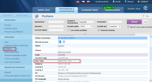 View of type of the user logged on PC and information if UAC is turned on/off
