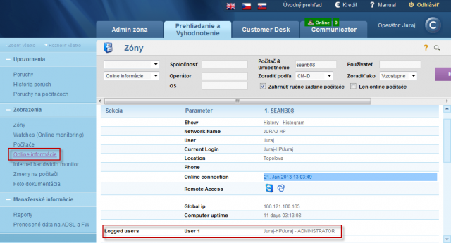 View of type of the user logged on PC in the section Online information