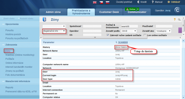View of type of the user logged on PC in Zone - Registration info