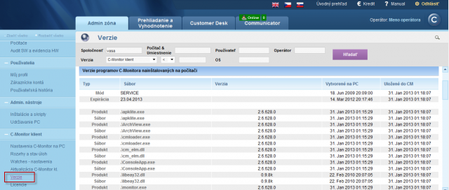 View of versions of C-Monitor client's modules