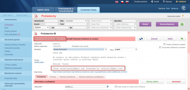 Požiadavka vytvorená v mene zákazníka forwardom emailu od technika