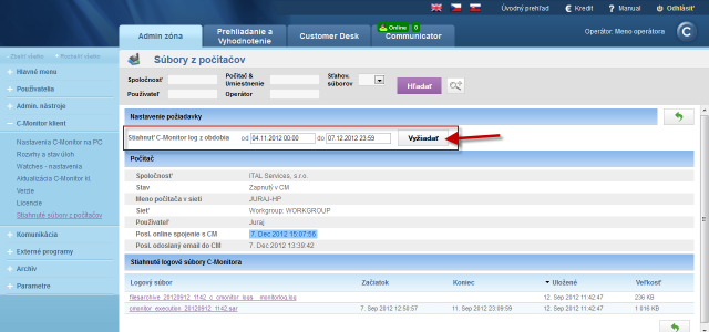 Selection of the time period you want to download to CM portal