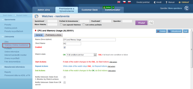 View and settings of watches' actions after a change of their status through CM portal