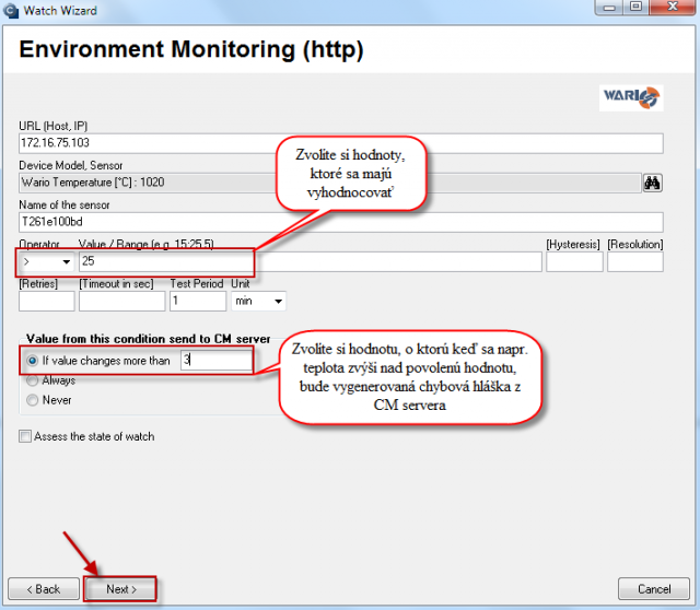 Setup of sensors and conditions for evaluating data from the sensors