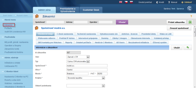 View of customer's detail with various setting options