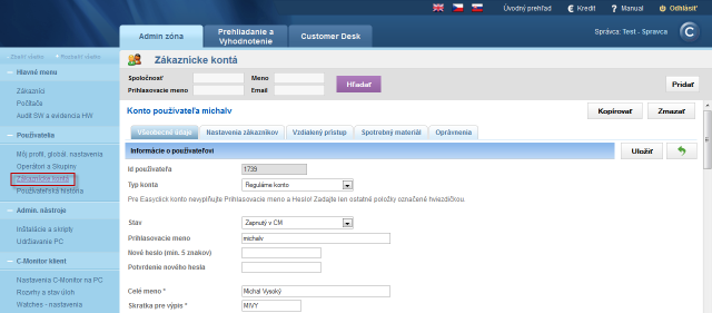 Settings of customer account