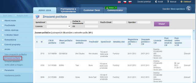 View of a list of computers deleted from the CM portal