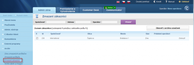 View of a list of deleted customers with an option to restore them from the archive
